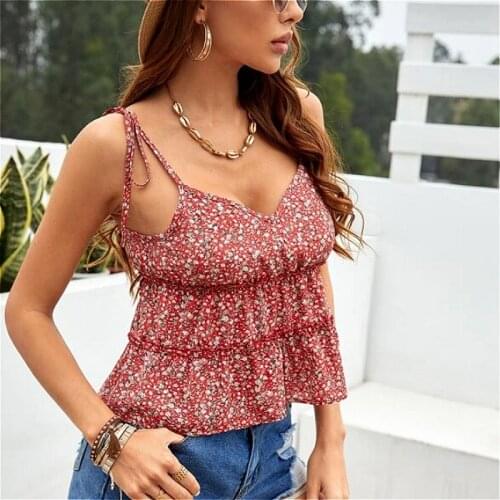 2021 New Floral Cami Tops Women Spaghetti Strap V neck Ruffle Tank Tops Casual Loose Bohemian Sexy Shirts Tops Female