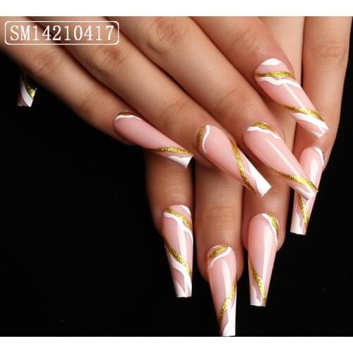 24pcs Fake Nails With Glue Gold Stripes Printed Type Coffin Long Paragraph Fashion Manicure Patch False Nails Press On For Girls