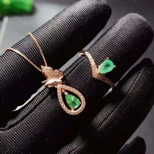 925 Silver Jewelry set Natural Emerald Pendant Ring sets Women Jewelry