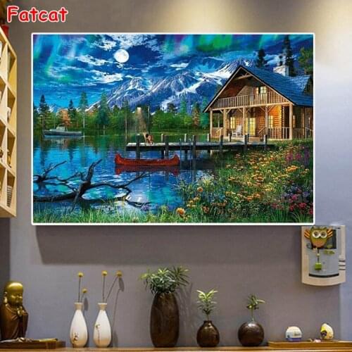 5D DIY Diamond Painting Lake, Chalet, Snow Mountain, Aurora Full Square/Round Resin Rhinestone Embroidery Cross Stitch PP1686