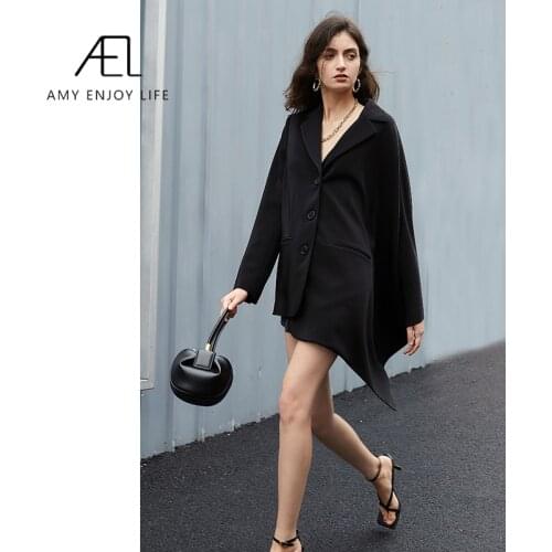 AEL Spring Autumn loose black Solid Blazer Asymmetry For Women Lapel Collar Long Sleeve Coat Top Female 2020 Fashion Clothes New