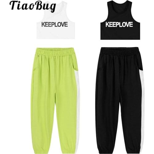 Kids Girls Sport Jazz Dance Outfit Sleeveless Crop Top Vest and High Waist Pants Set Street Dance Hip Hop Costumes