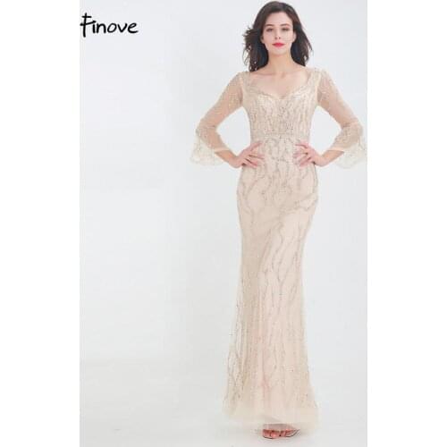 Finove Champagne Mermaid Evening Dresses 2020 Sexy V Neck Long Sleeve With Fully Beaded Backless Floor Length Party Dress Gowns