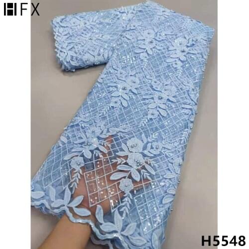 HFX Sky Blue French Lace Fabric African Lace Embroidered With Sequins Tulle Lace Fabric Net Lace For Party Dress