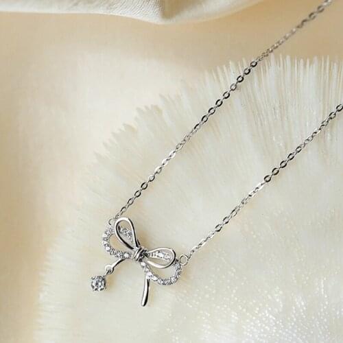 Exquisite 925 Sterling Silver aaa Cubic Zirconia Bowknot Pendants Necklaces Jewelry Sweet Simple Choker Necklace collares Women