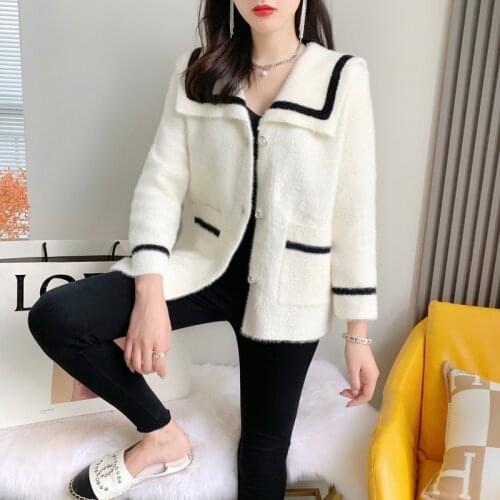 2021 Hot Sale Real 20685 (no.3 Middle, Row 12, Hall) Color Matching Lapel Long Sleeve Pocket Button Mink Like Cardigan 54