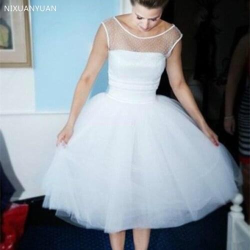 1950s Short Wedding Dresses Sleeveless Scoop Neck Tulle Tea Length A Line 2021 Cute Design Bridal Gowns Custom Size