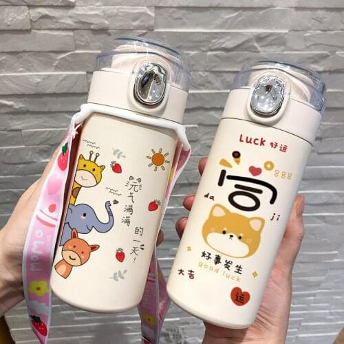 Women Cute Portable Thermos Cup Internet Celebrity Bounce Cover Good-looking Cartoon Drinking Cup Anti-Fall Cup Student Children
