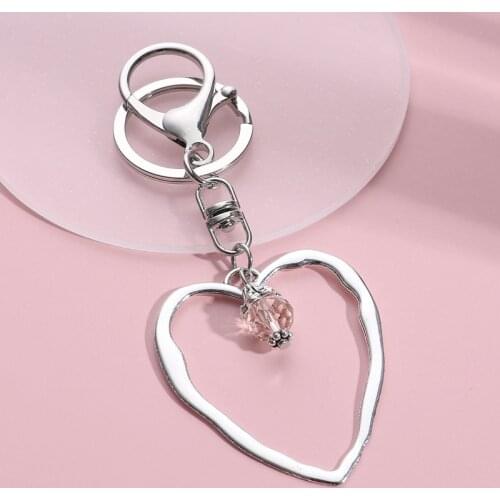 Cute Keychain Hollow Heart Pink Beads Key Ring Metal Key Chains Valentines Day Gifts For Women Girls DIY Handmade Jewerly GIfts