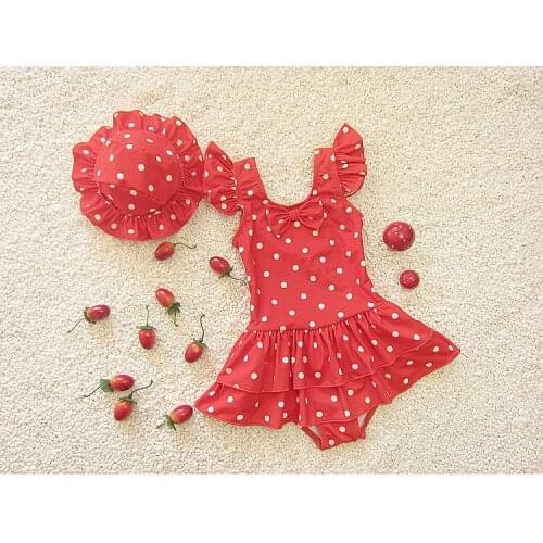 Cute Sweet Polka Dot Kids Girls One Piece Swimming Suit Fashion Swimwear Summer Cake Dress + Hat Beach Wear Swimsuit SA4013