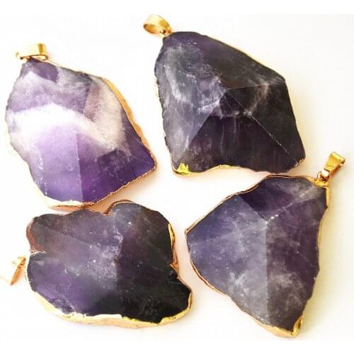New Fashion 6Pcs Gold Natural Stone Section Pendants Amethysts Purple Crystal Charms Pendants For Jewelry Making Free Shipping