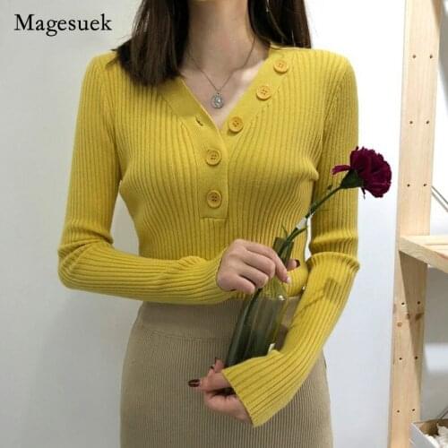 Autumn Winter 2021 New Long Sleeve Pullover Sweaters V-neck Knitted Sweater Women Knitwear Button Green Sweater Pull Femme 10807