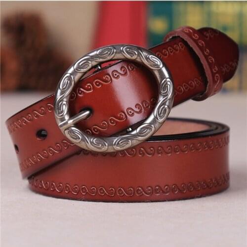 Womens Retro Pin Buckle Belt Vintage Carved Genuine Leather Gothic Casual Fashion All-Match Belt Dress Waistband Luxury Brand