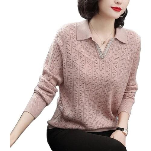 Womens Sweater 2021Autumn Large Size Lapel Knitted Pullovers Middle-Aged Female Hollow Long Sleeve Jumper Femme Tops 4XL W2365