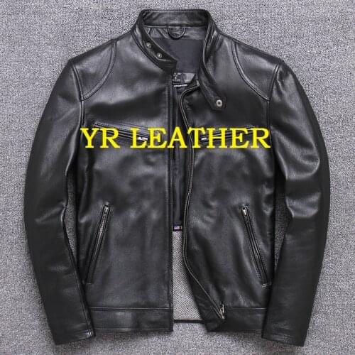 YR!Free shipping.Wholesales.Brand motor style leather jacket for man.black genuine cow leather coat.slim classic biker jacket