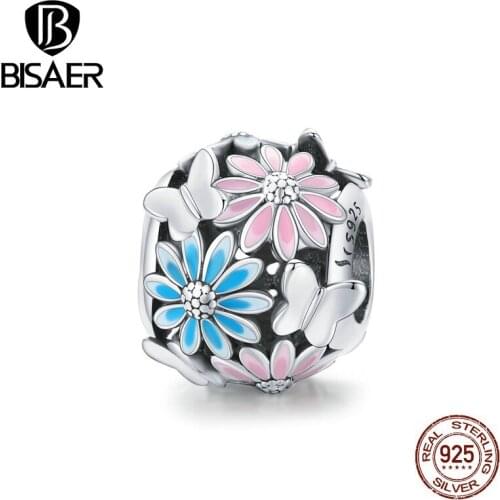 BISAER 925 Sterling Silver Flower & Butterfly Bright Daisy Charms Pendant Fit Bracelet Women Fashion Jewelry Making Gift ECC1837