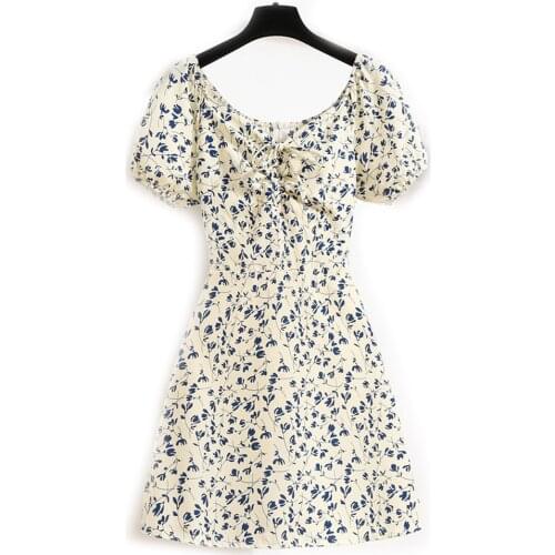 Womens Mini Sexy Dresses Summer Beach Floral Printed Shirring Pleated Elegant Short Puffy Sleeve Dress Korea Female Vestidos