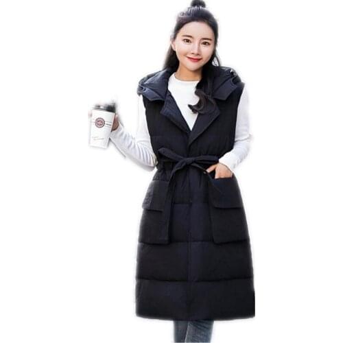 Plus Size 3XL Winter Women Medium-Long Vest 2019 Hooded Down Cotton Vest Female With Belt Slim Outerwear Casual Vest Mujer Q670