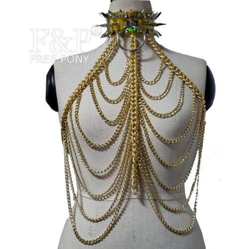 Burning Man Festival Gold Holographic Spike Choker Bodychain Rave Chest Chain top Carnival Costume Gogo Pole Dance Wear Clothing