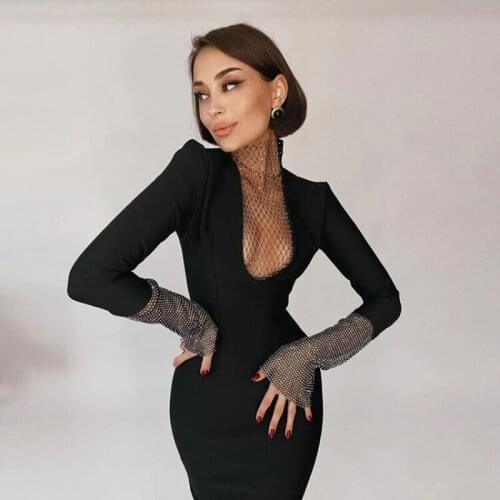2021 Diamonds Sexy Mesh Patchwork Hollow Out Black Casual Bodycon Women Party Dresses Nightclub Vestido Feminino Robe HD8443