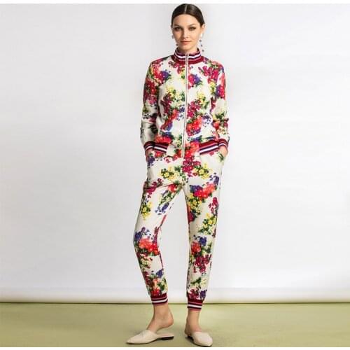 2021 spring autumn women casual pant sets sport 2 pieces sets quality runway flower printed jackets + pants