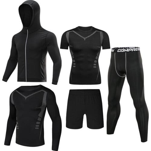 5pcs / set Mens Tracksuit Gym Fitness Compression Sport Suit Clothes Running Jogging Sports Wear Exercise Workout Tights