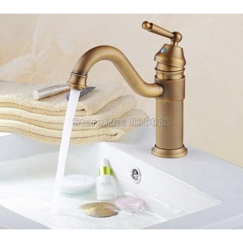 Deck Mounted Antique Brass Faucet Single Handle Single Hole 360 Swivel Spout Bathroom Basin Sink Mixer Taps Wnf203