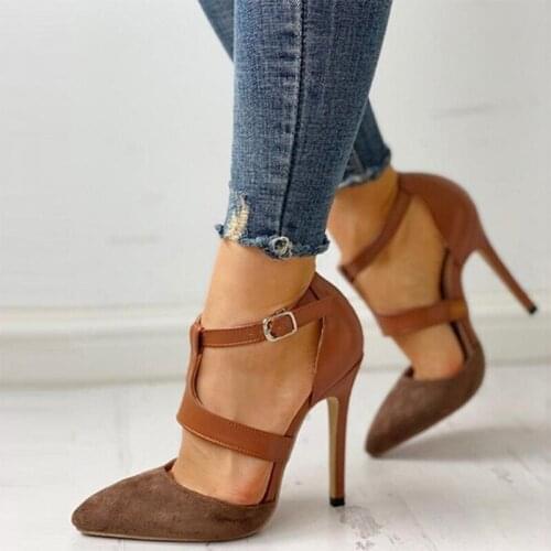 Women Buckle Hight Heels Woman Pointed Toe Sandals Female Party Sexy Shoes Summer Ladies Retro Flock Footwear Big Size 43