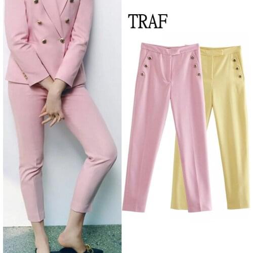 TRAF Za Women Pants 2021 Elegant Office Lady High Waist Stright Pants Woman Chic Button Pants Pocket Woman Trousers Ankle Mujer