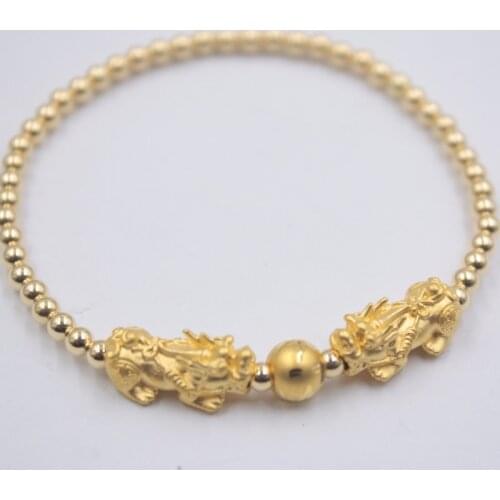 Pure 999 24K Yellow Gold Pixiu with 3mmW 18K Yellow Gold Bead Bracelet 6.3inch Women Bracelet