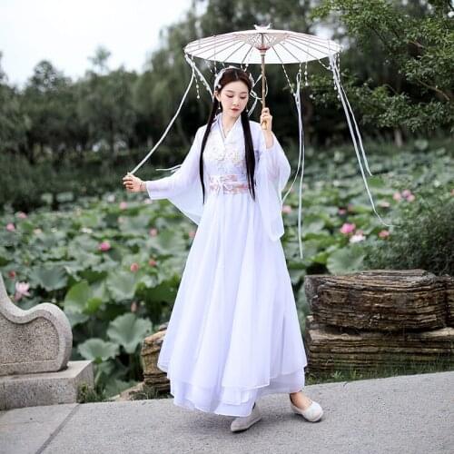 Women Hanfu Chinoiserie Collar Waist Under Dress Wide Sleeve Flow Fairy White Dress Adult Hanfu Classical Dance Costume SL5094