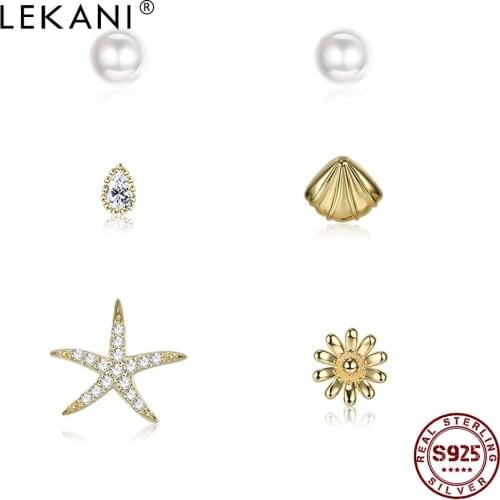 LEKANI 925 Sterling Silver Jewelry Shell Pearl Stud Earrings For Women Trendy Water Drop Shell & Sea Star Flower Earring Set