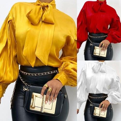 Hot Selling Women Long Sleeve Solid Shirt Elegant Fashion Vintage Blouse Office Lady Tops Stylish Shirt Lantern Sleeve Bow Shirt