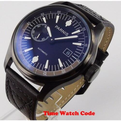 PARNIS 46mm Automatic Mens Wristwatch Black dial ST2555 movement PVD Coated super luminous Auto Date seconds dial leather strap