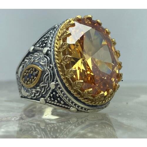 925 sterling silver Turkish handmade jewelry citrine stone mens ring all size