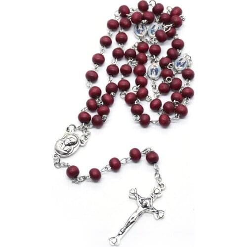 Rosary Necklace Crucifix Cross Virgin Mary Holy Father Pendant Religious Jewelry Baptism Rose Wood Beads Chain Confirmation Gift