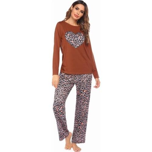 O-Neck Pajama Set Autumn Spring Leopard Pattern Womens Sleep Long Sleeve Top Long Pants Home Sleepwear