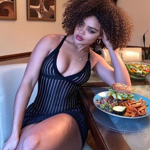 TNNAOFF Striped Sheer Mesh Bodycon Mini Dress for Women Summer Sexy Adjustable Strap Off Shoulder Backless Night Club Dresses