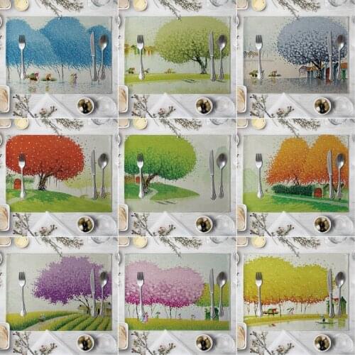 Colorful Tree Pattern Placemat Dining Table Mats Drink Coasters Cotton Linen Pads Kitchen Accessories