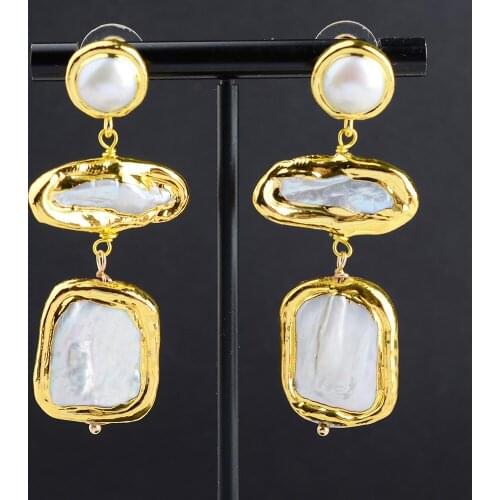 24 K Yellow Gold Plated Freshwater Biwa Pearl Square Pearl Stud Earrings