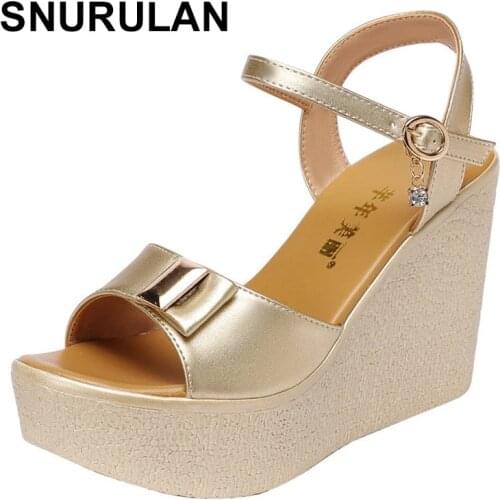 SNURULAN 2021 New Open Head Platform Sandals Women Shoes 2021 Bow High Heels Wedges Sandals Ladies Elegant Office Sandals Gold
