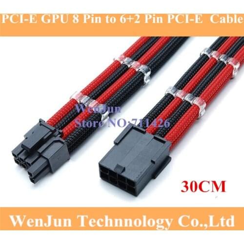 12" Single Sleeved Black & Red PCI-E GPU 8 Pin to 6+2 Pin male to female PCI-E Power Extension Cable + 1PCS Cable Comb