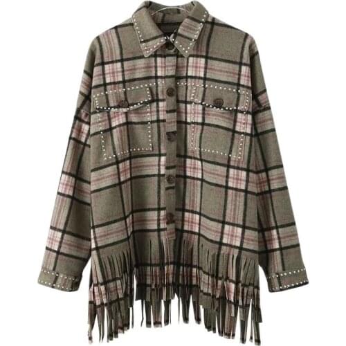 UVRCOS Vintage Chic Green Plaid Tassel Shirt Jacket Women Fashion Rivet Pockets Single Breasted Lapel Collar Coat Outerwear