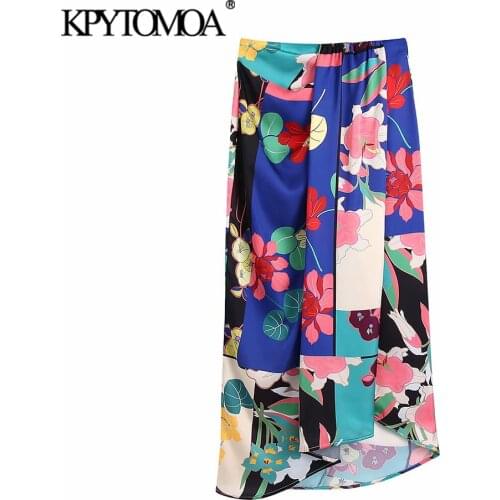 KPYTOMOA Women 2021 Fashion With Gathered Floral Print Slit Midi Skirt Vintage High Waist Back Zipper Female Skirts Mujer