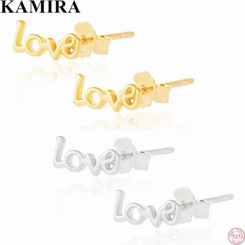 KAMIRA 925 Sterling Silver Fashion Sweet Letter Love Stud Earrings for Women Wedding Simple 18k Gold Plated French Jewelry 2021