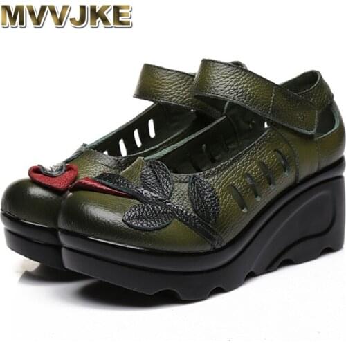 MVVJKE Spring Autumn Ethnic Comfortable Women Wedges Genuine Leather Womens Shoes round toe Platform high heels pumps E162