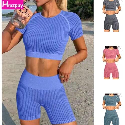 Seamless Sports Tight Suit 2-Piece Womens Sports Short-Sleeved High-Waist Fitness Shorts Push-Ups Workout Fitness Yoga Clothes