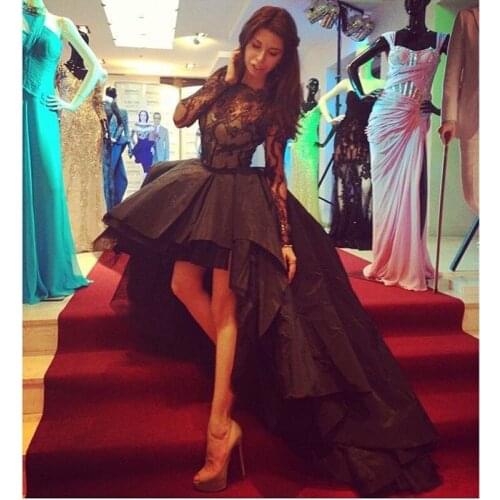 Vestido de festa Evening Party 2019 Ball Gown See Through Back Black Lace High Low Long Sleeve Prom mother of the bride dresses