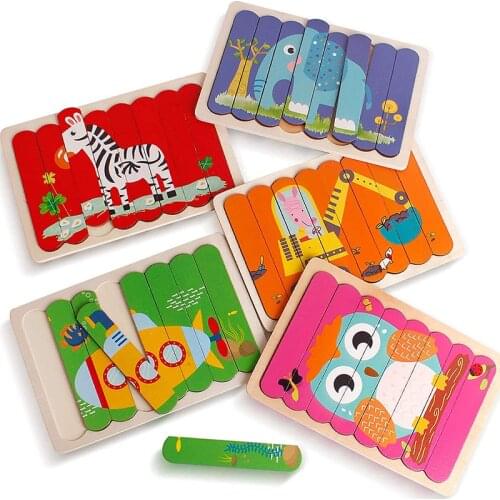 1PCS Double Sided Strip Puzzles Baby Toy Wooden Montessori Materials Educational Toys For Children Owl Bricks Kids Learning Toys