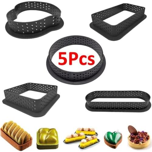 5 Pcs (Round,Love,Square,Rectangle,Oval) DIY Dessert Mousse Tart Ring Cutter Perforated Circle Bakeware Cake Mold-ABUX